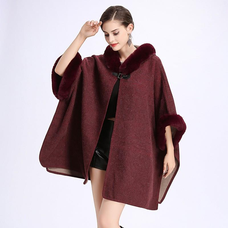 Womens Oversized Hooded Cape Coat With Faux Fur Trim Double-Faced Wool Blend Loose Fit Winter Warm Outerwear