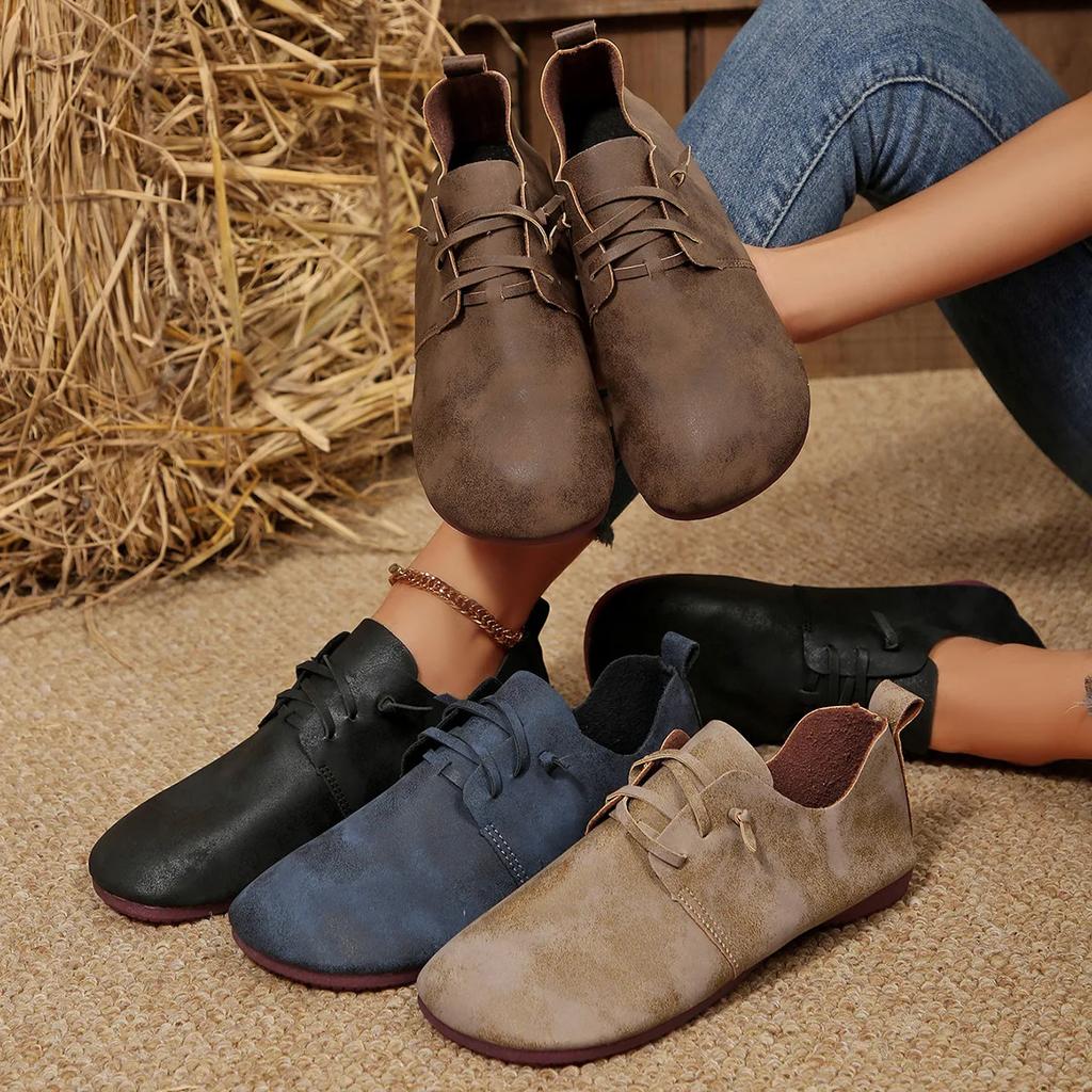 New Women's Flat Shoes Round Toe Flats Lightweight Lace-up Single Shoes Outdoor Casual Shoes 2025 New