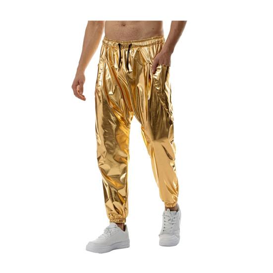 Мужские блестящие брюки с завязками на талии, джоггеры, брюки металлик для ночного клуба, вечеринки, танцевальной сцены, хип-хопа