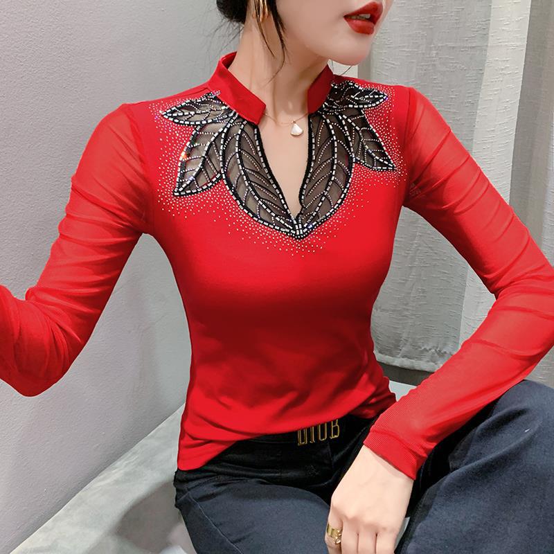 Осенняя дизайнерская облегающая блузка с длинными рукавами 2023 года с яркими ромбовидными деталями для женщин