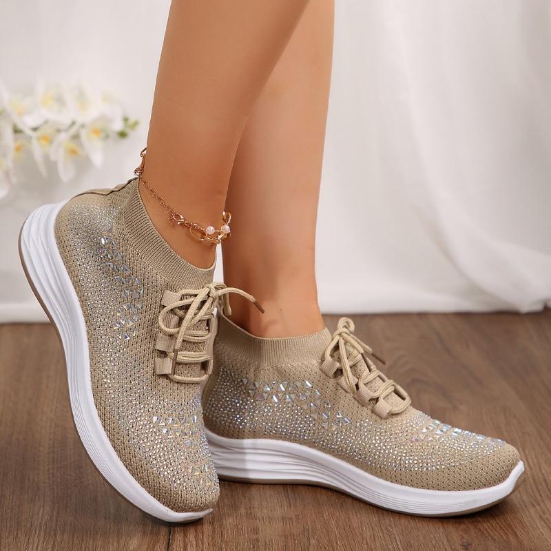 Весенне-осенняя модная женская обувь 2024 года, высококачественная однотонная, с круглым носком, с низким верхом, со стразами, на шнуровке, женская спортивная обувь