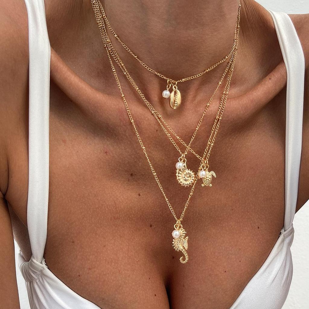Ожерелье из сплава с подвеской в виде морского конька и черепахи в праздничном стиле, персонализированная жемчужная многослойная цепочка на воротниковую кость, модное женское ожерелье для поездок на работу и путешествий