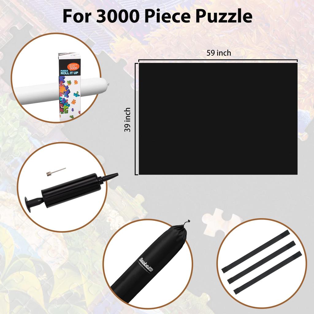 Becko US 3000-Piece Puzzle Mat, Roll-Up with Drawstring Bag & Black Pump, Felt Jigsaw Puzzle Mat with Leak-Proof Tube & 3 Elastic Bands, Easy