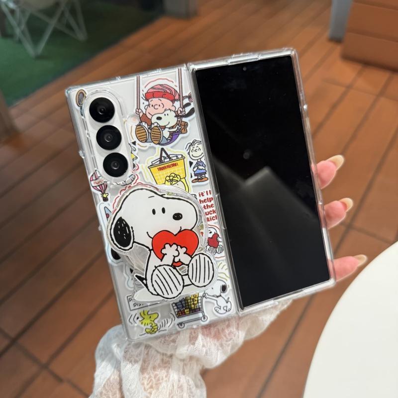 Cartoon Cute Snoopy Charlie friend seat Folding Magsafe Wireless Charge Case For Samsung ZFold 3 4 5 6 ZFold7 Magnetic Holder