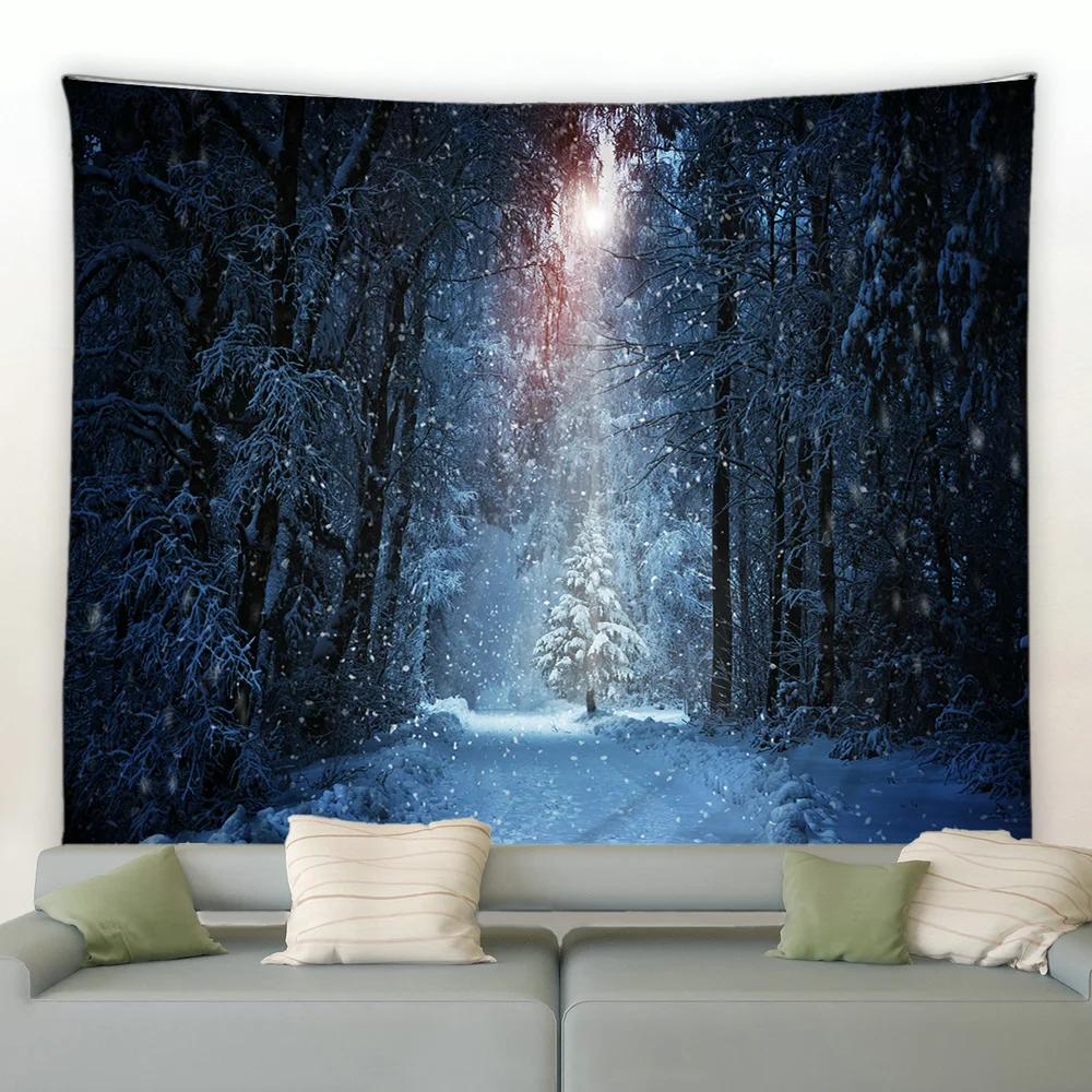 Окно Снаружи Снежинка Лес Гобелен Зимний Пейзаж Гобелены Настенное Панно Домашний Художественный Декор Плед для Спальни Гостиной