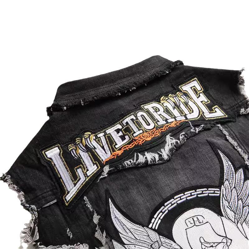 2022 Мужской черный вышитый джинсовый кардиган - весенний молодежный повседневный жилет с лацканами