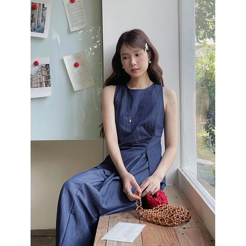 [Song Ming] Irregular slit lace-up waist vest for women + high waist A word medium and long skirt two-piece set N971B