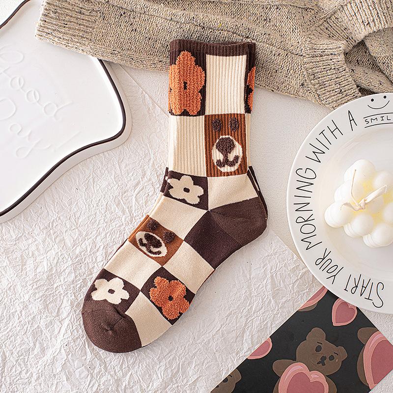 Кофейные носки женские полосатые чулки с перьями из пряжи медведя милые мультяшные носки Майяра