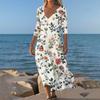 Dresses For Womens Vintage Print Tunic Waisted Midi Dress Summer Casual 3/4 Sleeve Dress