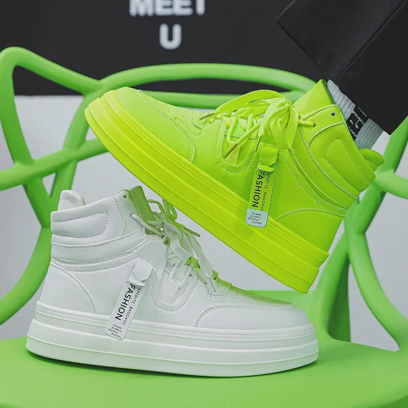 Men's High-Top Sneakers - New Autumn Styles, Height-Enhancing Thick Soles, Fashionable Fluorescent Green, Trendy Hong Kong Style.