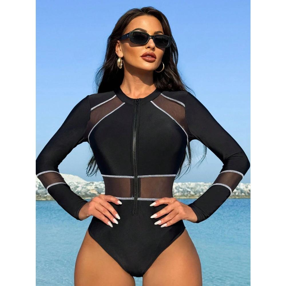 Слитный купальник с сетчатым плетением на молнии, с длинными рукавами, европейский и американский слитный купальник