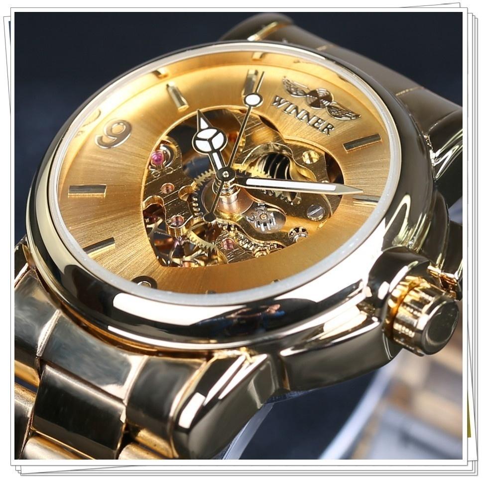 WINNER New Women Luxury Top Brand Automatic Mechanical Watch Golden Skeleton Love Stainless Steel Fashion Ladies Wrist Watch