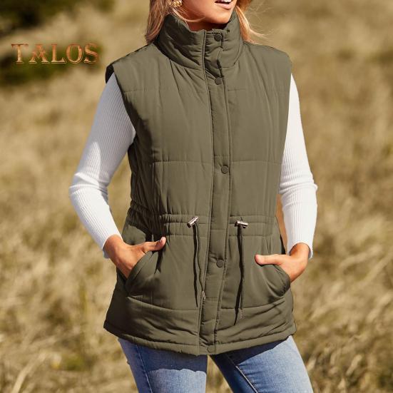 Winter Women Vest Coat Thickened Padded Button Closure Stand Up Collar Sleeveless Solid Color Drawstring Tight Waist Windproof Heat Retention Outdoor