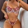 Women Sexy Lace Bra Sets Transparent Underwired Floral Thong Lingerie Female Breathable Underwear