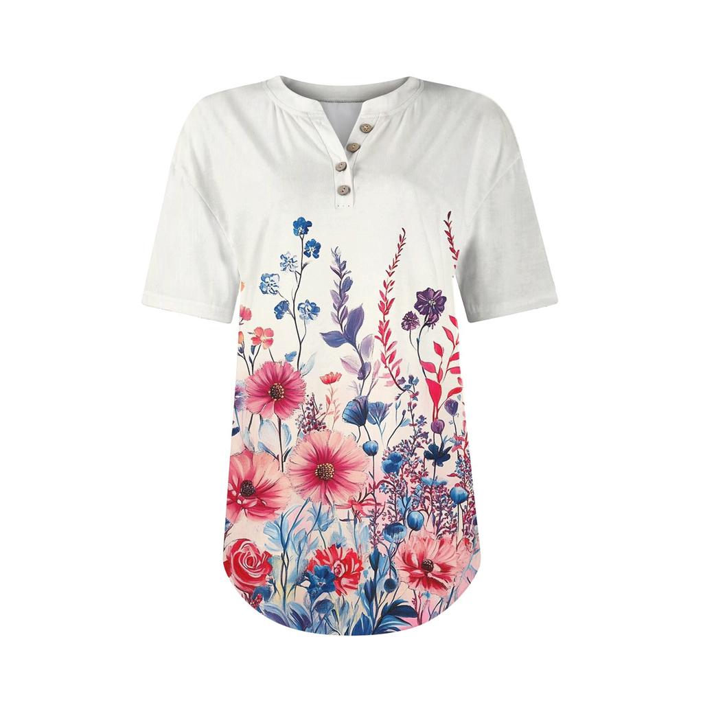 Short Sleeve Womens Tops Summer T-Shirts Floral Print V Neck Casual Basic Tee Button Shirts Tunic Tops