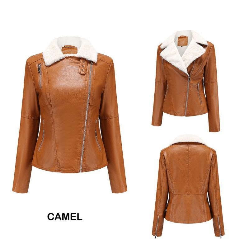 Womens Faux Leather Jacket With Fleece Lining Long Sleeve Warm Outerwear Casual Urban Style