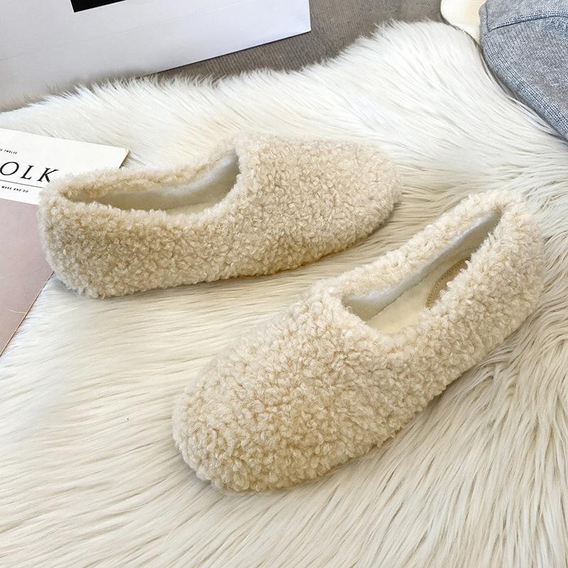 Lambwool Moccasins Femme Winter Cotton Shoes Women Warm Plush Loafers Comfy Curly Sheep Fur Flats Woman Large Size 40-43