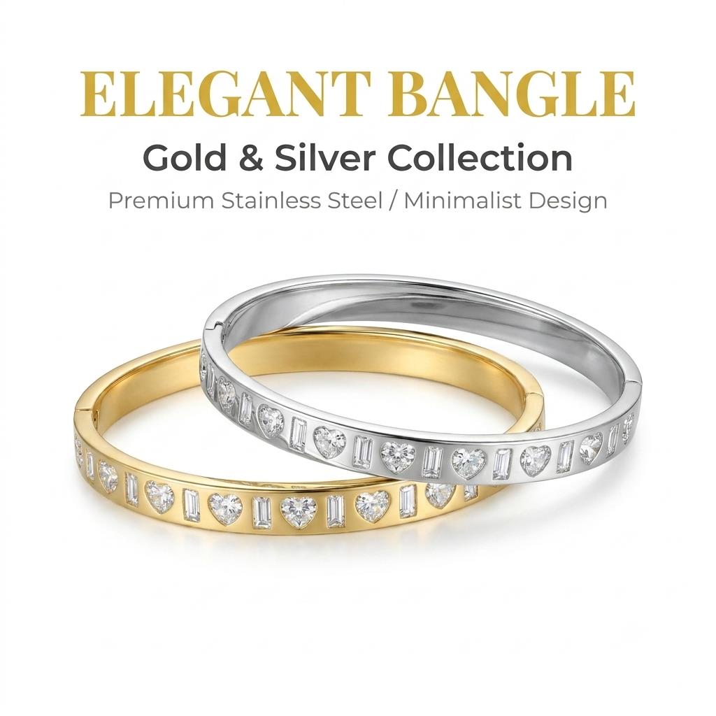Gold Color Snap-on Heart Zircon Bangle Stainless Steel Bracelet for Women Fashion Jewelry Gift