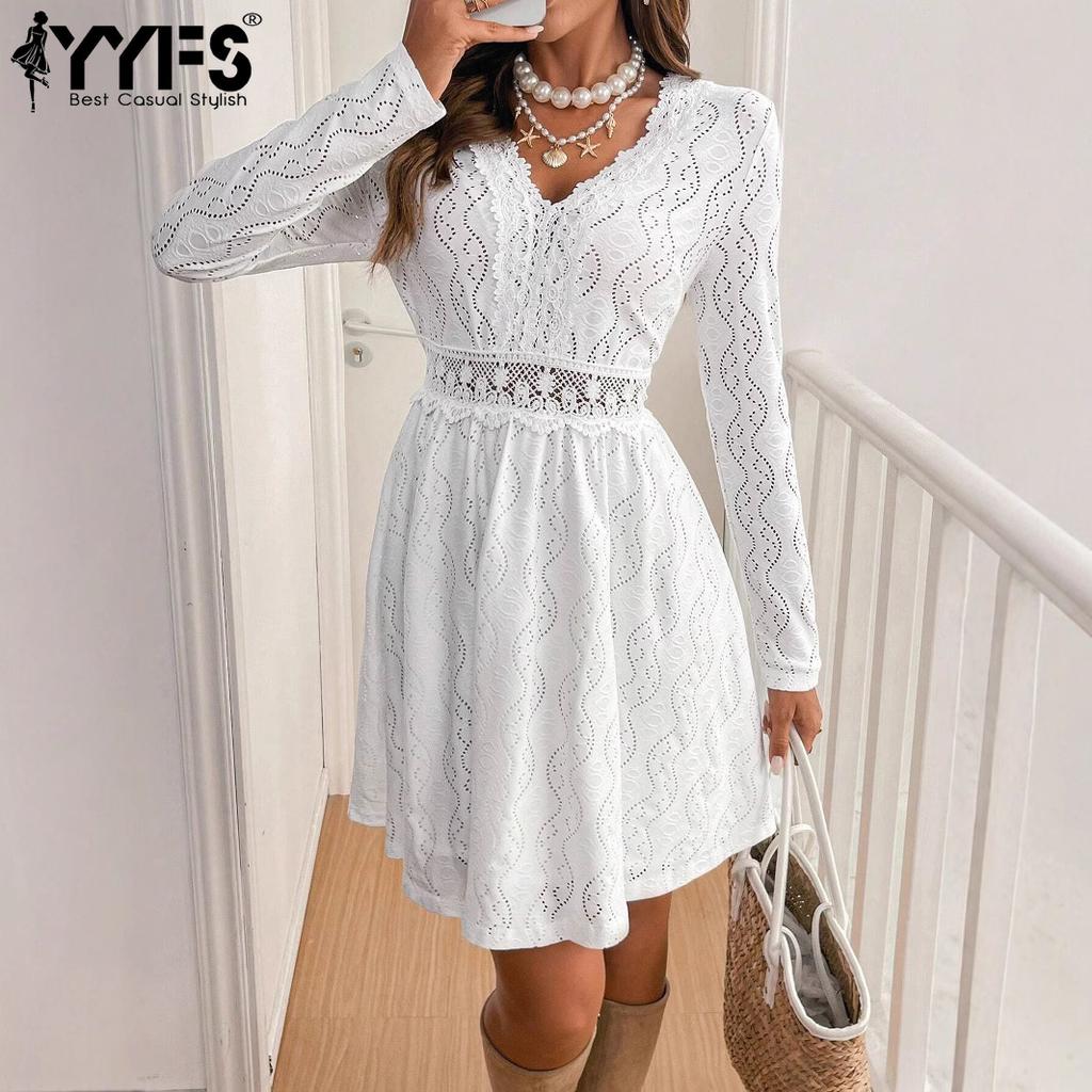 YYFS Женская мода весна осень однотонный принт с длинным рукавом и v-образным вырезом с высокой талией повседневные платья