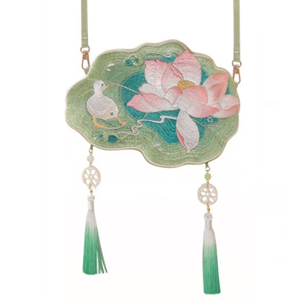 Сумка через плечо с вышивкой лотоса, стиль антикварный, ручная работа, китайская сумка в стиле Ханьфу, традиционная, элегантная, древний стиль, сумка-мессенджер