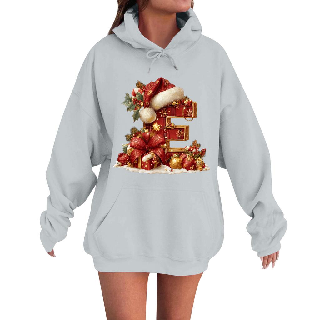 Women's Casual Comfortable Long-Sleeved Christmas Letter-Printed Warm Hooded Crew-Neck Sweatshirt