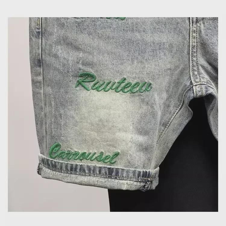 Модные зеленые облегающие мужские джинсовые шорты с вышивкой, летняя коллекция 2023 г.