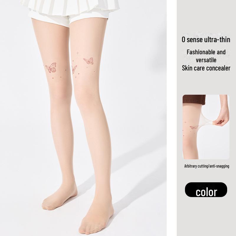 Женские антизацепляющие чулки с татуировками: Прочные, облегающие тонкие колготки с рисунком в виде белых бабочек для защиты от солнца и ухода за кожей весной и летом.