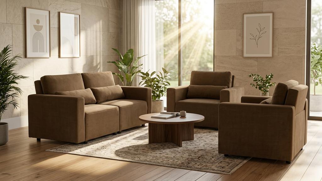 Wohnzimmer-Set Komo: Zweisitzer-Sofa mit Schlaffunktion und 2 ausklappbare Sessel, Velours, Family Meble