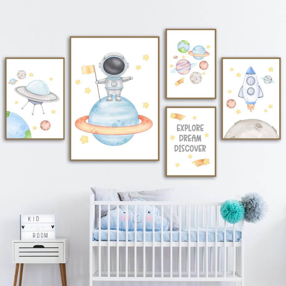 Космический астронавт, ракета, планета, солнечная система, космический корабль, детская настенная живопись, холст, картина, плакат, настенные панно, декор для детской комнаты