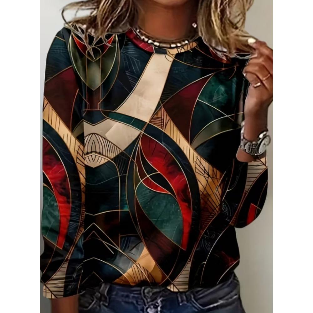 Ladies' Autumn and Winter Casual Marble Pattern Round Neck Long Sleeved T-shirt Base Top Women's Clothing
