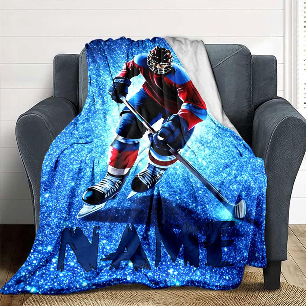 Ice Hockey Player In Action On A Sparkling Blue Background With The Word At The Bottom Cozy Customizable Blanket Personalized Name Soft Warm Cozy