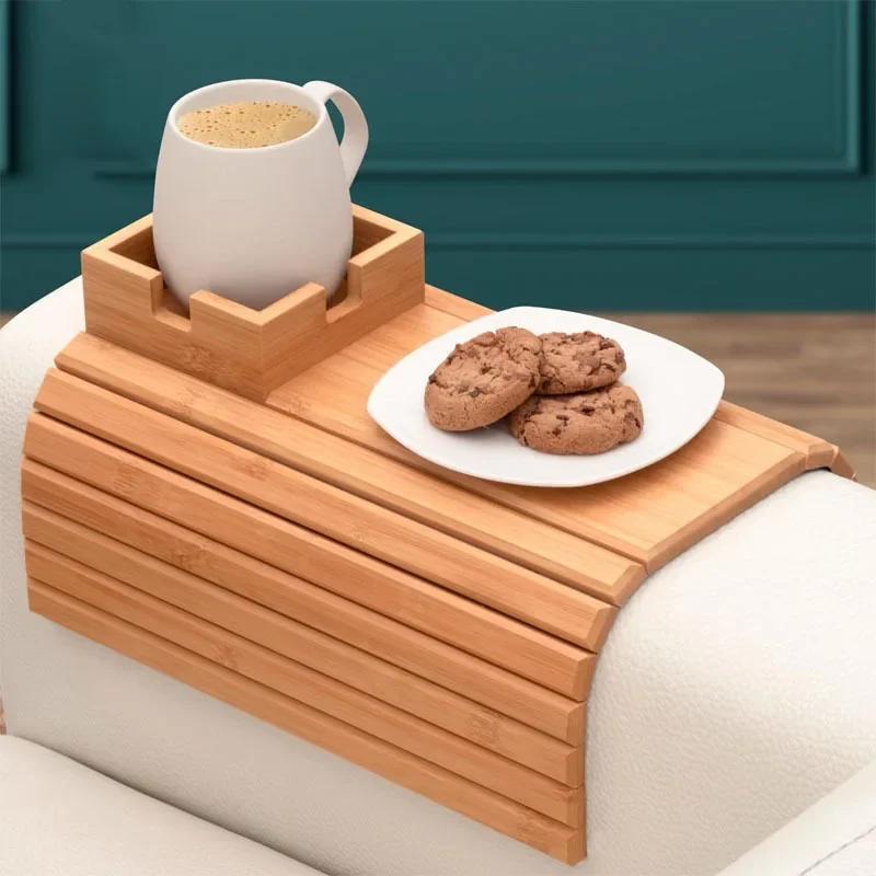 Lazy Sofa Armrest Tray Natural Non-Slip Bamboo Sofa Side Storage Tray Foldable Solid Wooden Snacks And Treats Dinner Tray