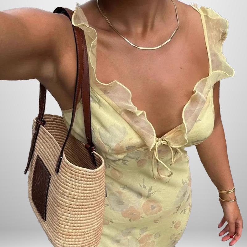 Весеннее новое женское элегантное безрукавное платье с открытой спиной и принтом модное женское платье