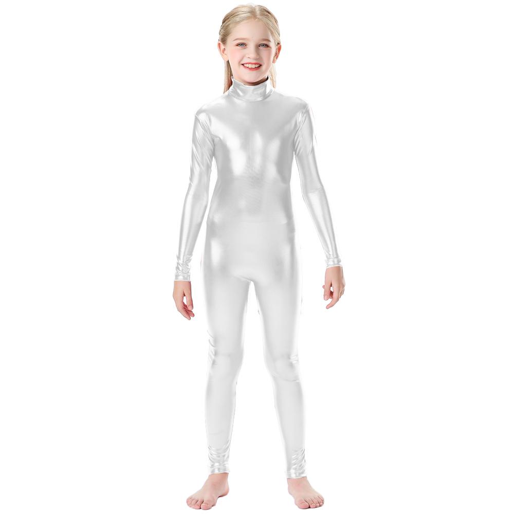 Блестящий металлический комбинезон с воротником-стойкой на молнии сзади, цельный комбинезон с длинными рукавами, детский костюм Wetlook