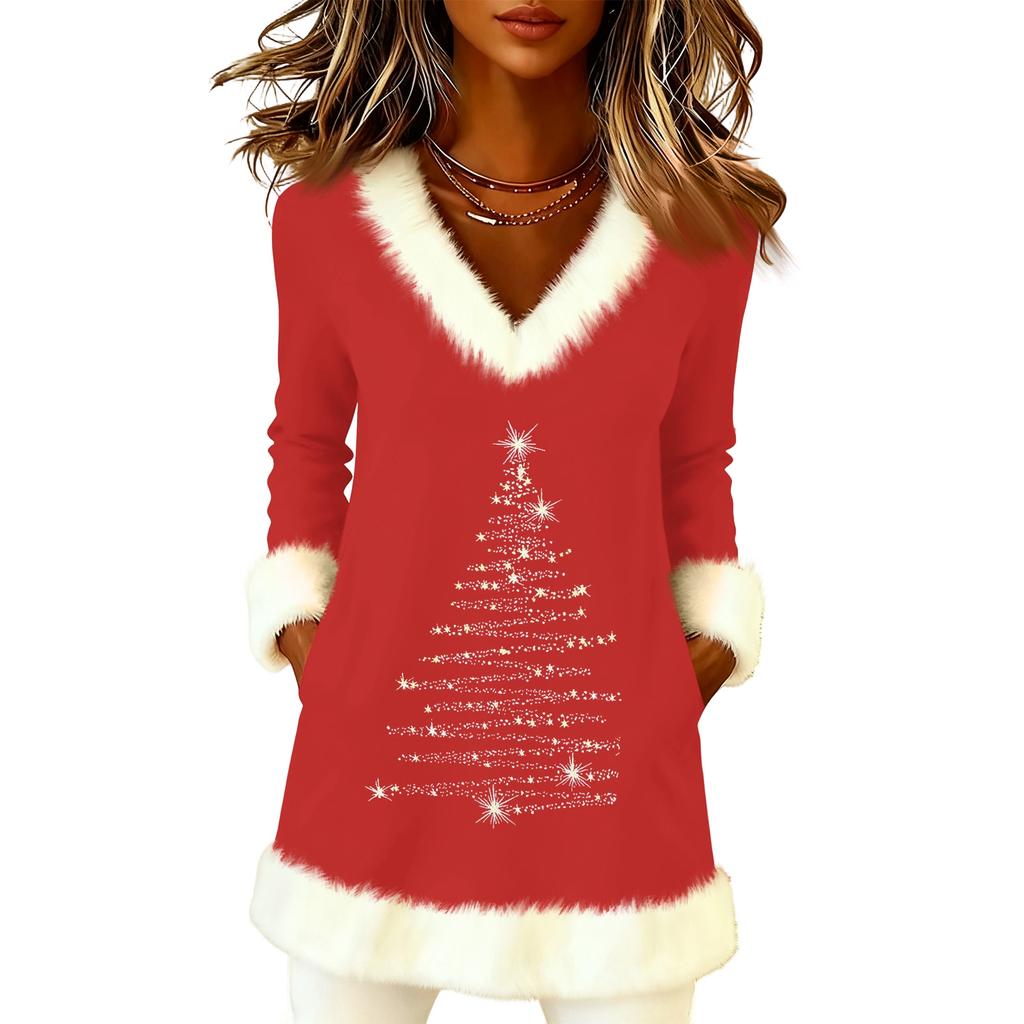 Women's Christmas Fashion Plush V-neck Pullover Sweater Solid Color Long Sleeve Top