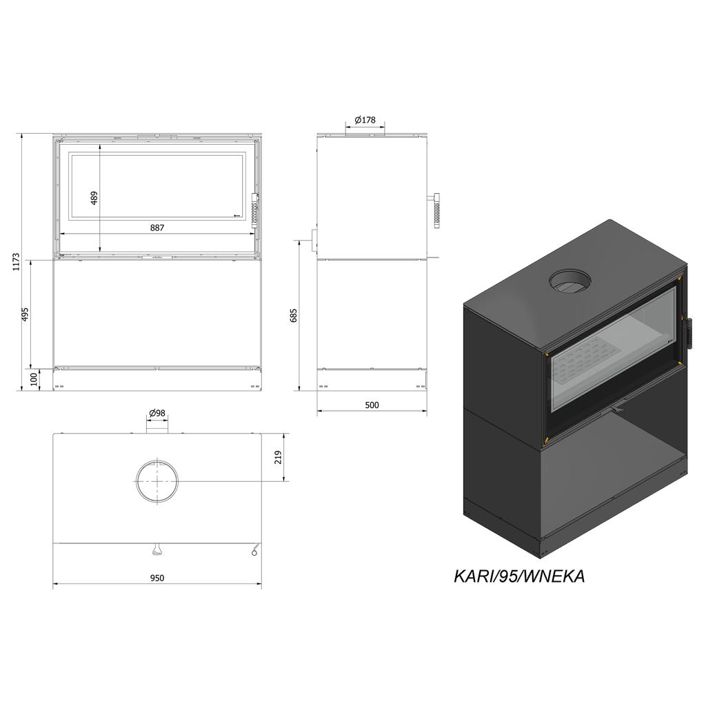 Wood burning steel stove KRATKI KARI 95 Ø 180 14 kW recess for wood black thermotec self closing door