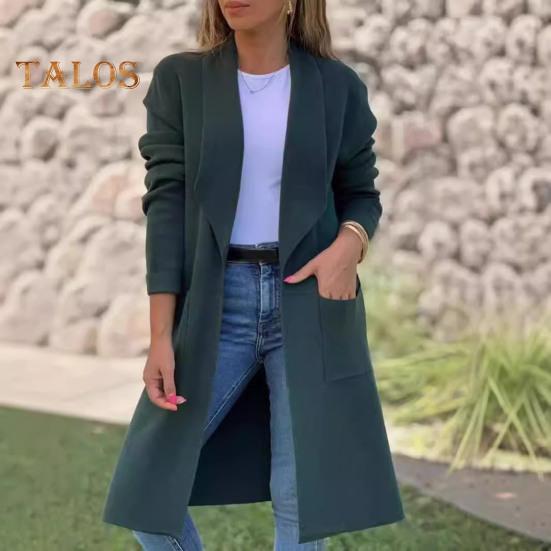 Женская шерстяная куртка с отложным воротником, однотонное трикотажное пальто средней длины, с длинными рукавами, для поездок на работу, свиданий, весна, осень, зима, пальто