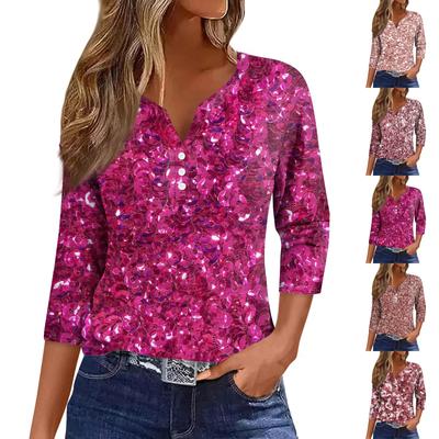 Женская модная повседневная футболка с V-образным вырезом и коротким рукавом, на пуговицах, с принтом пайеток и рукавом три четверти