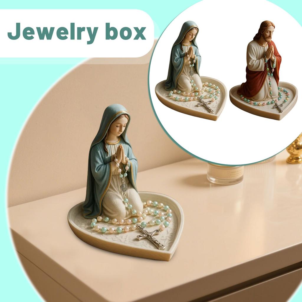 Mary Rosary Holder, Sacred Catholic Sculpture Religious Blessed Statue, Elegant Our Lady Resin Jewelry Box For Necklace Rings, Gift For Wome