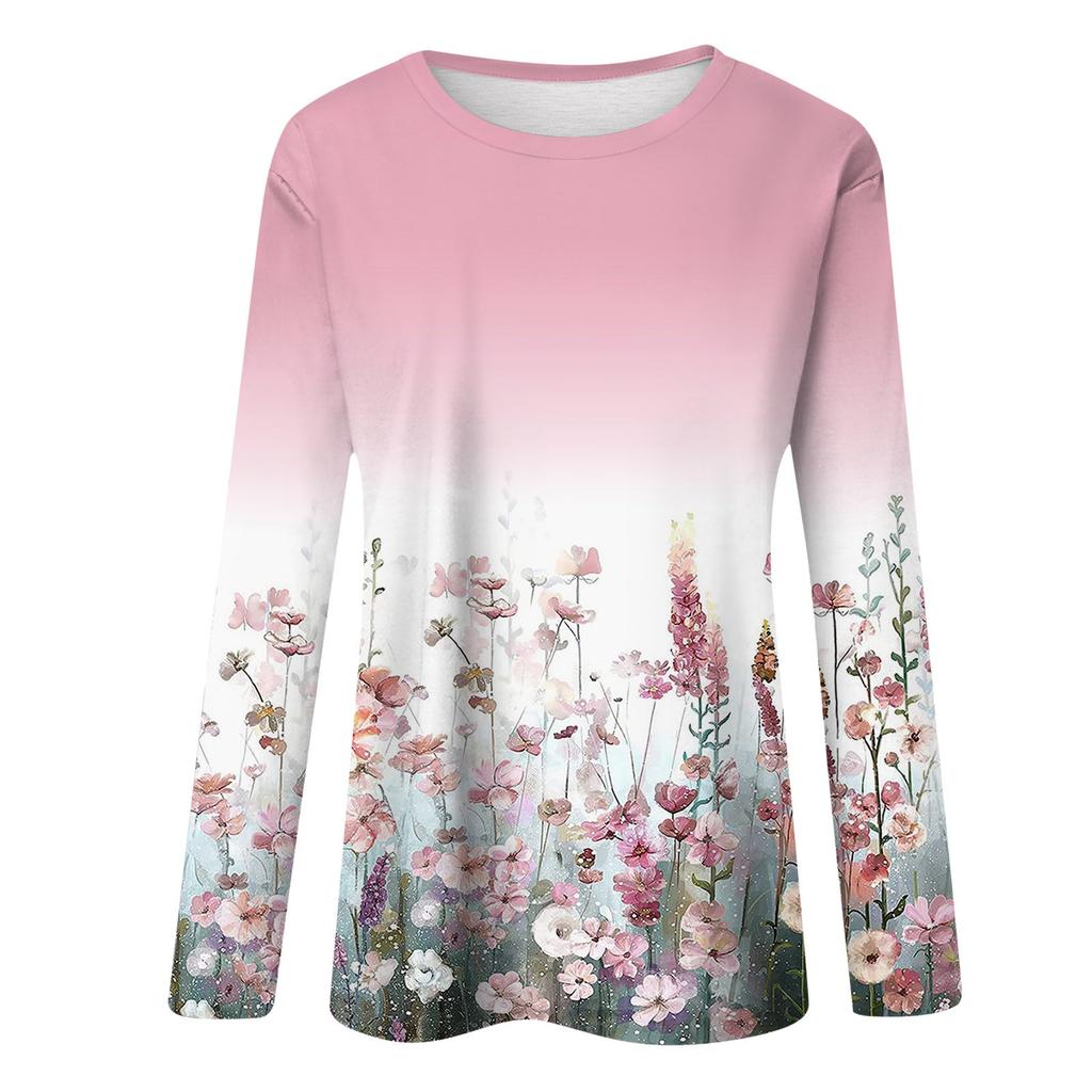 Women's Loose Casual Leisure Long Sleeve Round Neck Printed T-shirt