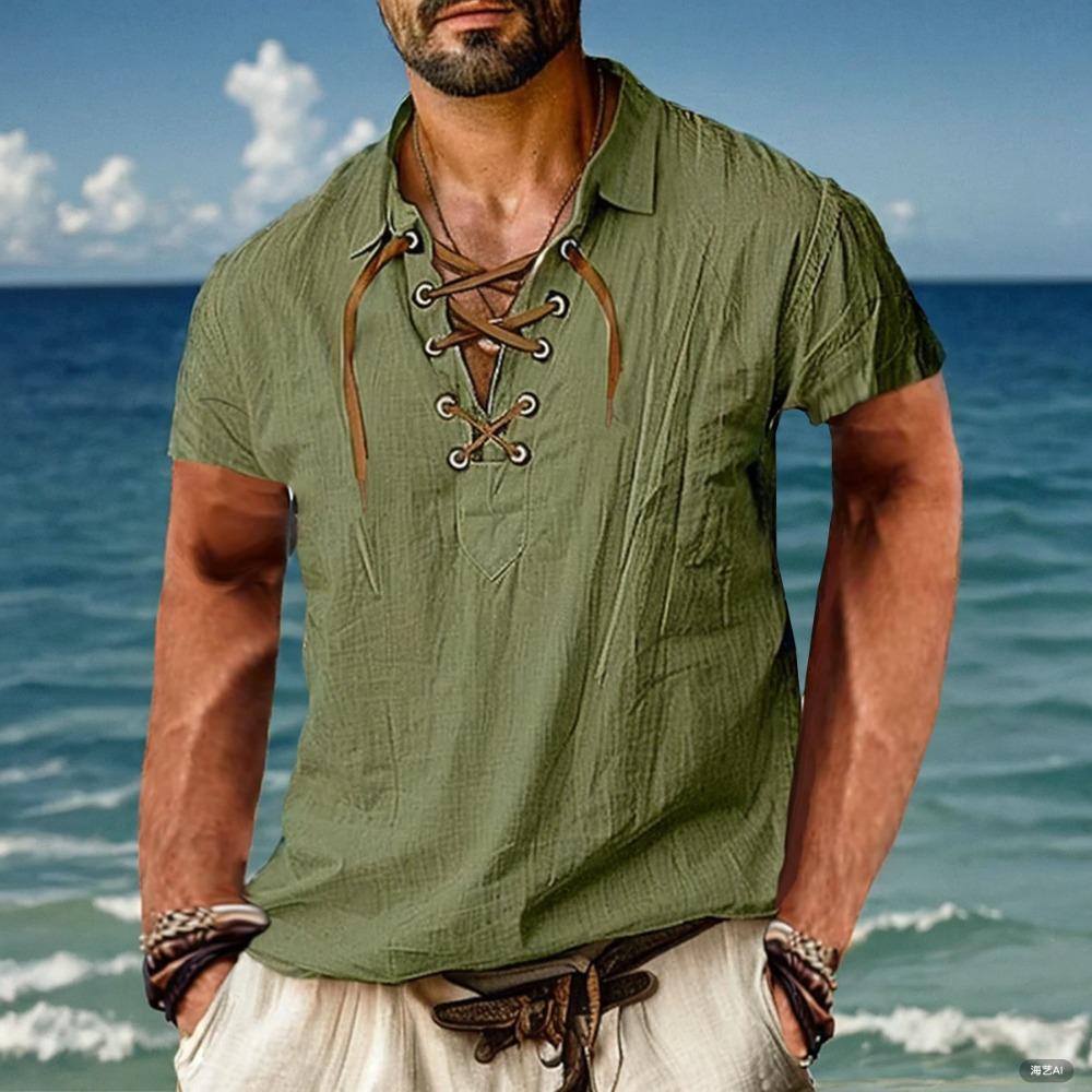 Летняя мужская рубашка из 100% хлопка и льна, однотонная, со шнуровкой и отложным воротником, льняная рубашка сверху
