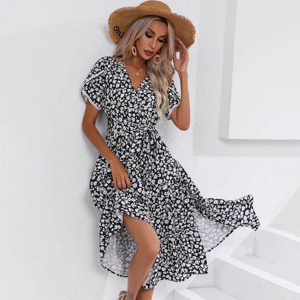 Женское летнее платье с короткими рукавами и высокой талией в этническом стиле на шнуровке