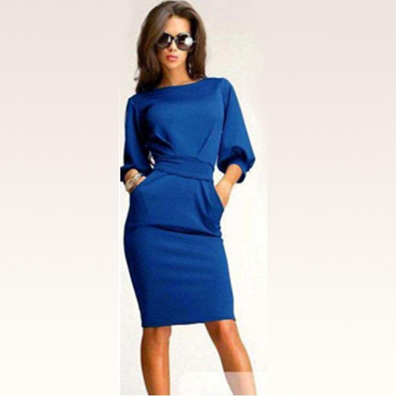 Elegant Women Fashion Sexy Fifth Sleeve Round Neck Pocket Bodycon Cocktail Dress
