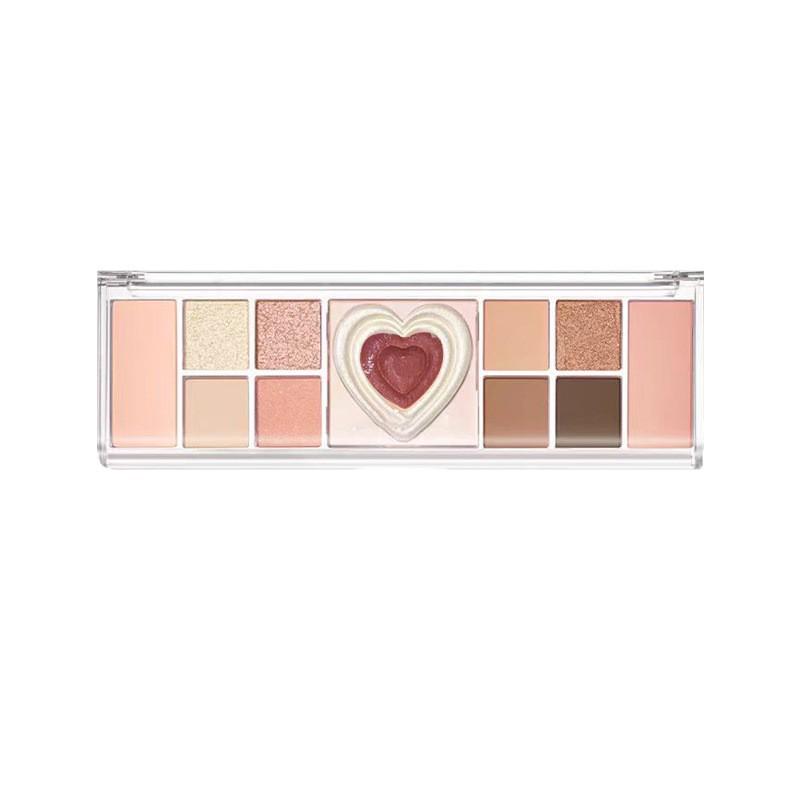 Heartbeat Twelve-Color Heart-Shaped Eyeshadow Palette: Pearlescent, Fine Glitter, Matte, Blush, Highlighter for Enhanced Complexion.