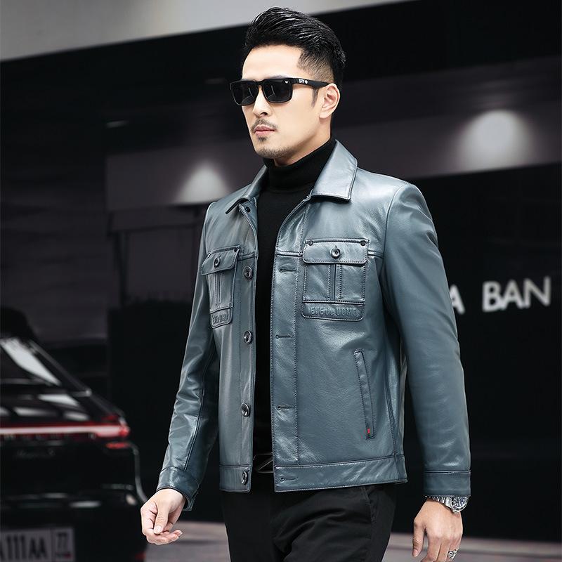 Весна и осень, новый верхний слой телячьей кожи, кожаная куртка мужская с лацканами, повседневная деловая куртка для мужчин