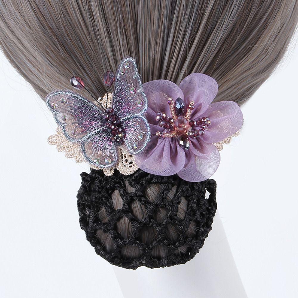 Butterfly Flower Elastic Hair Net Rhinestone Beads Decor Hair Bun Holder Hotel Staff Uniform