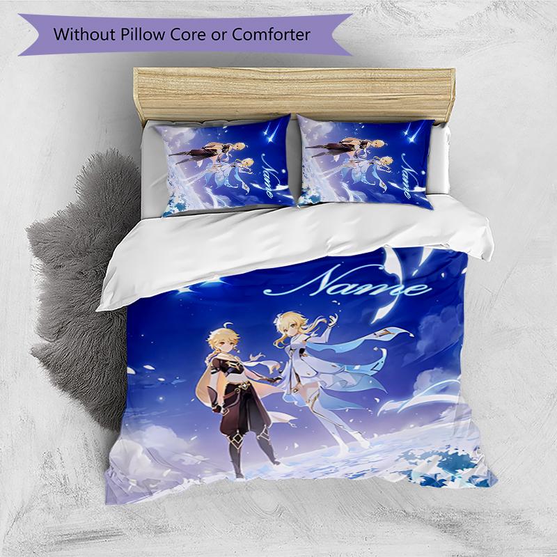 3pcs Custom Name Cartoon Genshin Impact characters Bedding Set Duvet Cover Closure Includes 1 Duvet Cover & 2 Pillowcases for All Seasons Bedroom Deco