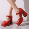 FOREADA Women Pu Leather Pumps Platform High Hoof Heels Square Toe Mary Janes Buckle Concise Party Spring Autumn Shoes Black