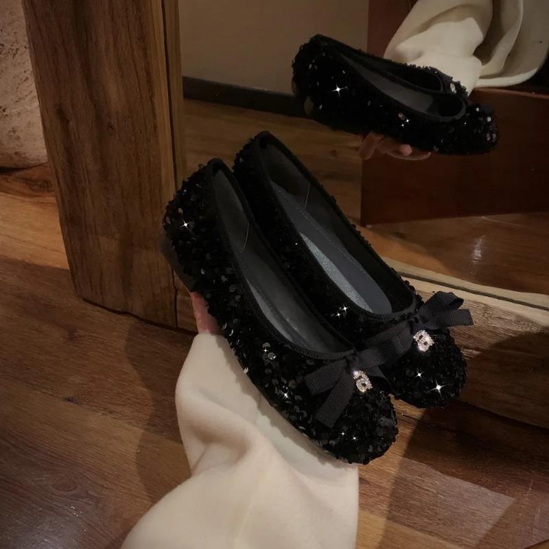 Женские туфли на плоской подошве с мелким носком, сверкающие блестки, банты на плоской подошве, темпераментные одинарные туфли, женские туфли на плоской подошве, женская обувь, мода