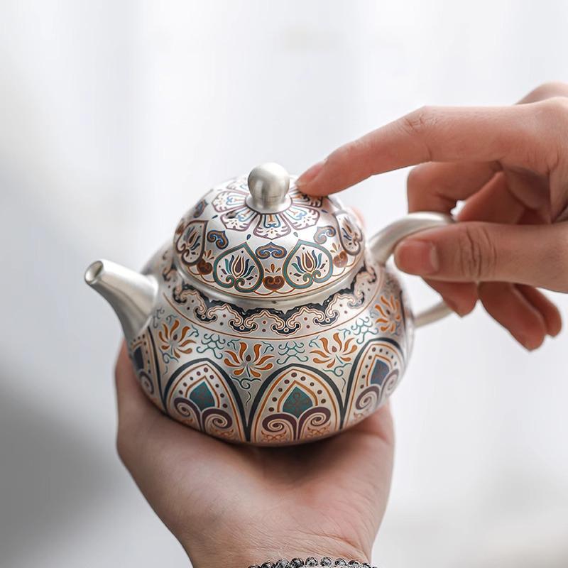 Чайник из эмалированной глазури, серебряный чайник, одинарный чайник для заваривания чая, чайник из чистого серебра 999 пробы для домашнего использования, высококлассный чайный сервиз, чайник Heyun Fengming